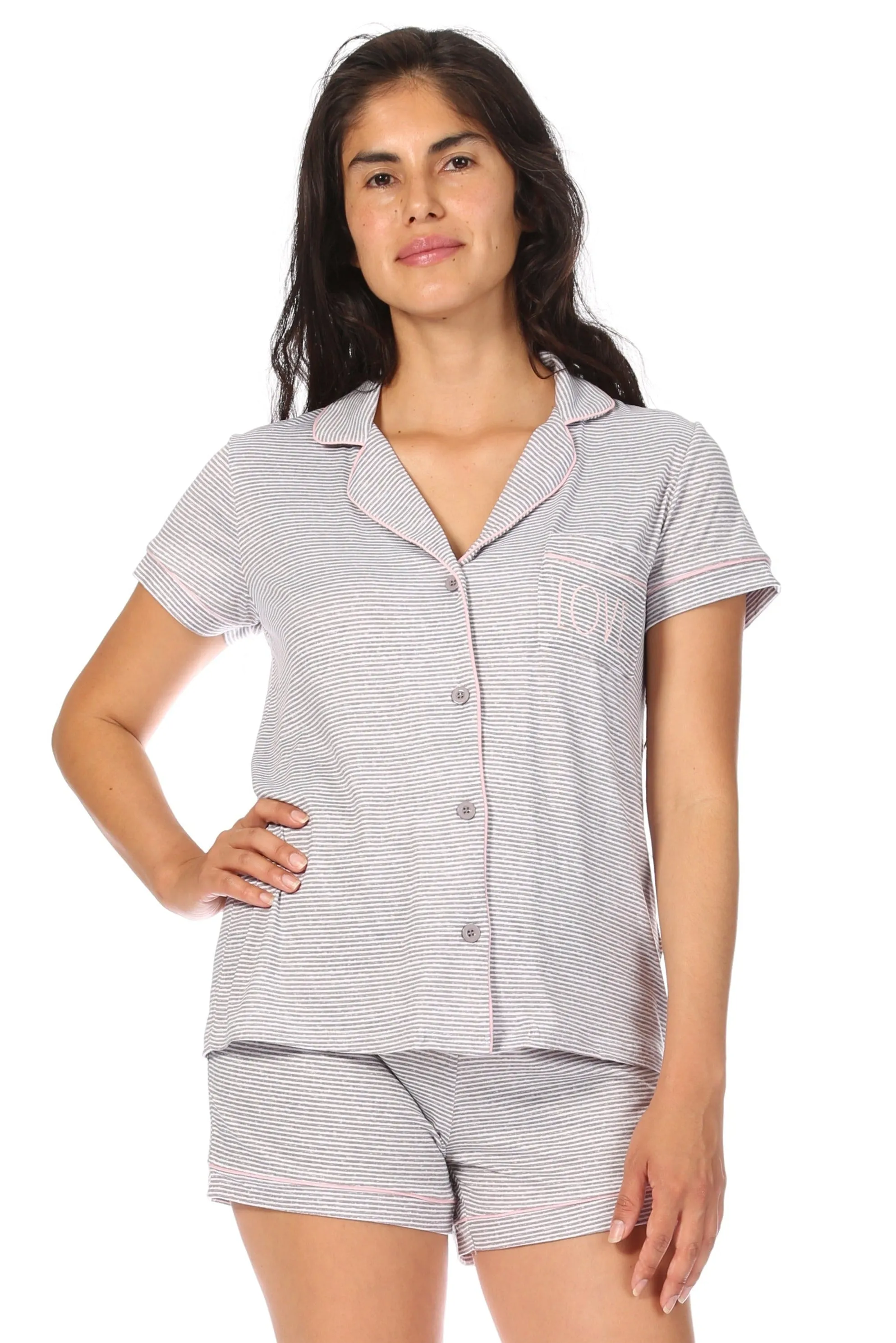 Women's "LOVE" Short Sleeve Notch Collar Button-Up Top and Short Pajama Set