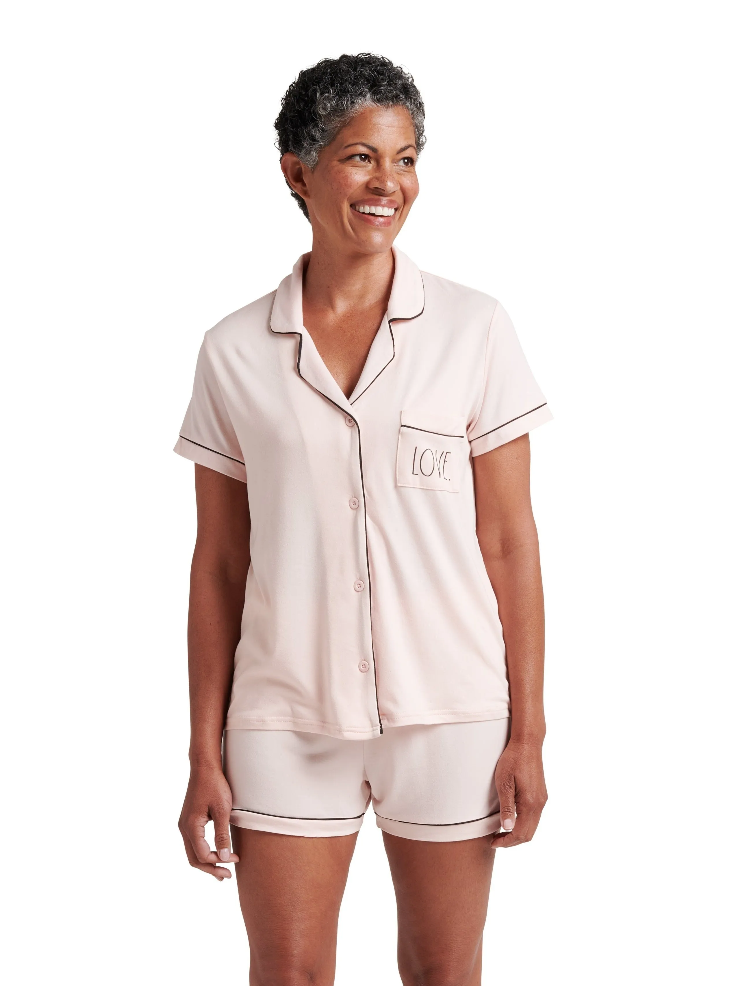 Women's "LOVE" Short Sleeve Notch Collar Button-Up Top and Short Pajama Set