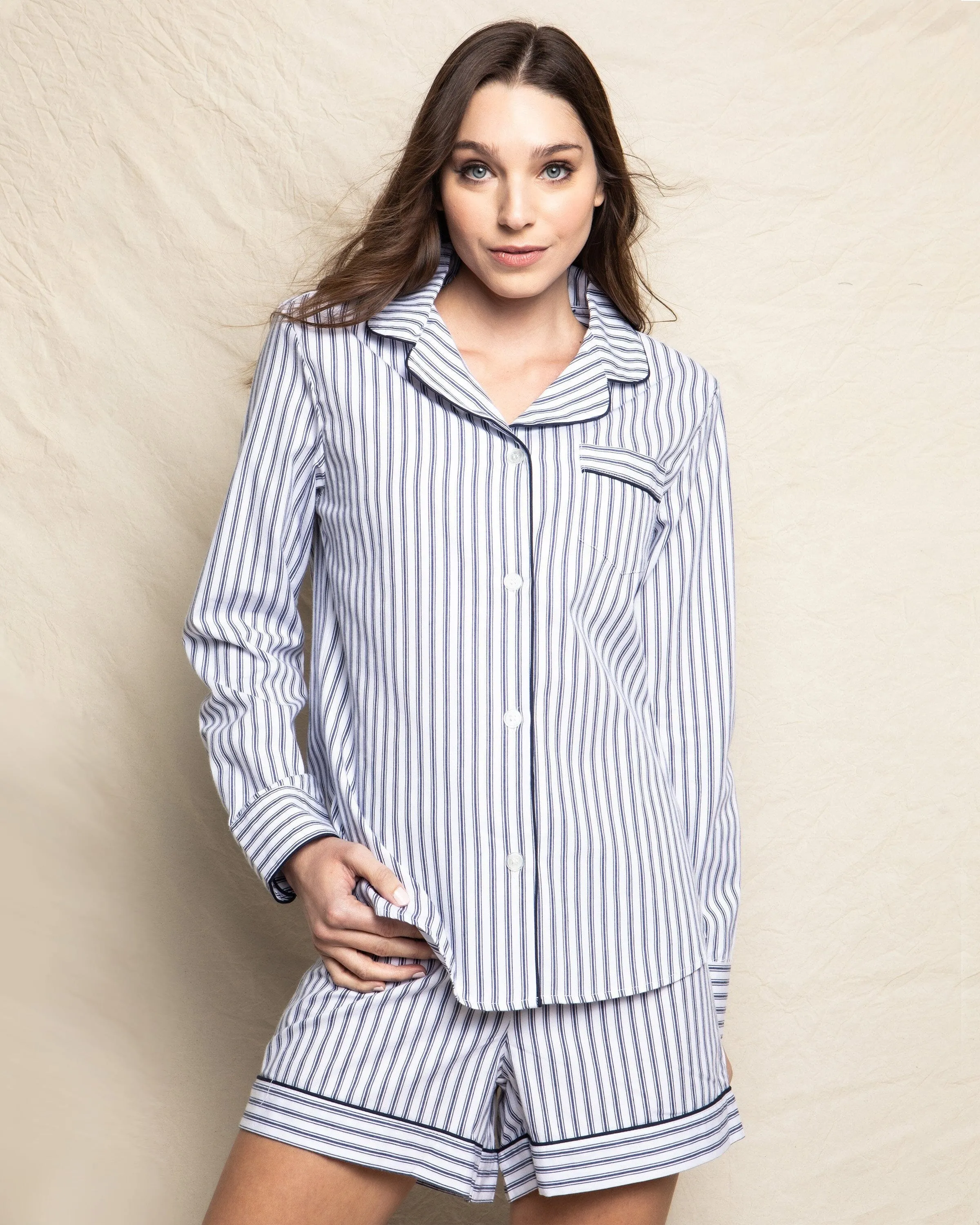 Women's Twill Long Sleeve Short Set | Navy French Ticking