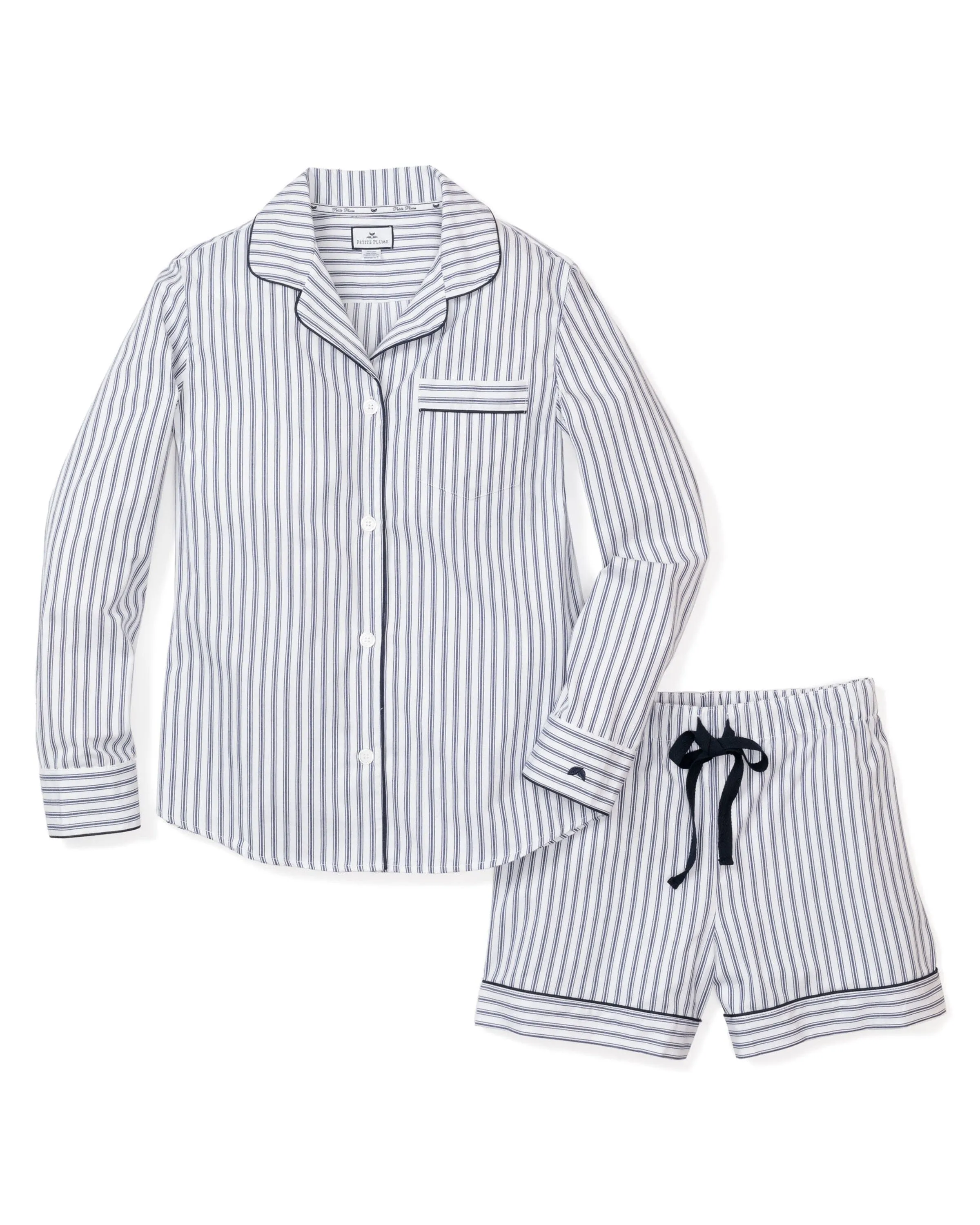 Women's Twill Long Sleeve Short Set | Navy French Ticking